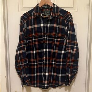 Woolrich Oxbow Bend Men's Navy & Orange Plaid Flannel Shirt Size Med Cabincore